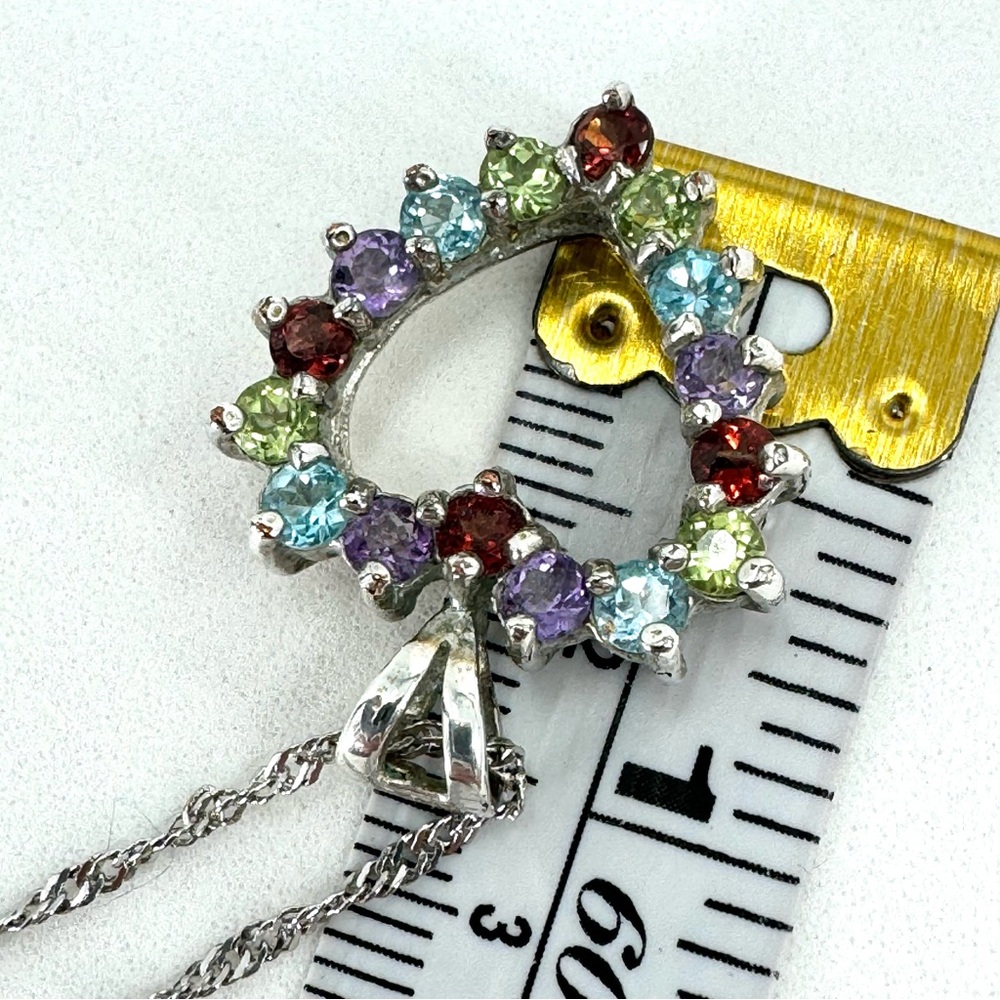 925 Sterling Silver Singapore Chain Multi-stone Heart Pendant Necklace - Picture 8 of 15